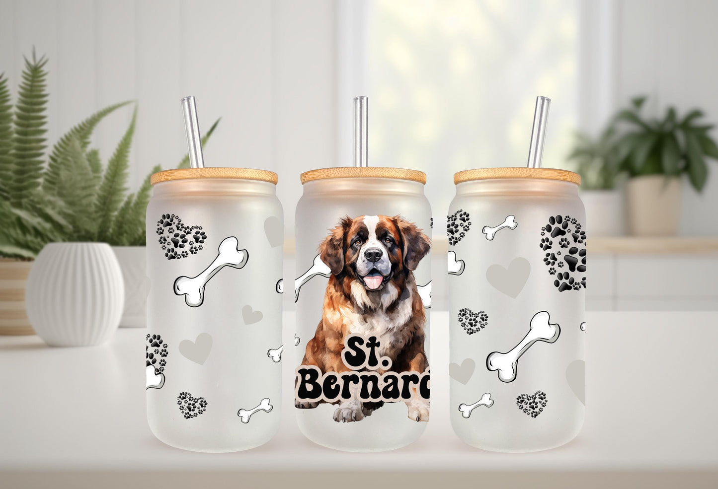 UVDTF Wrap St. Bernard 16oz Can Glass Mug Tumbler, Dog Wrap, Ready to apply, Permanent Waterproof Adhesive, Bundle Save Option