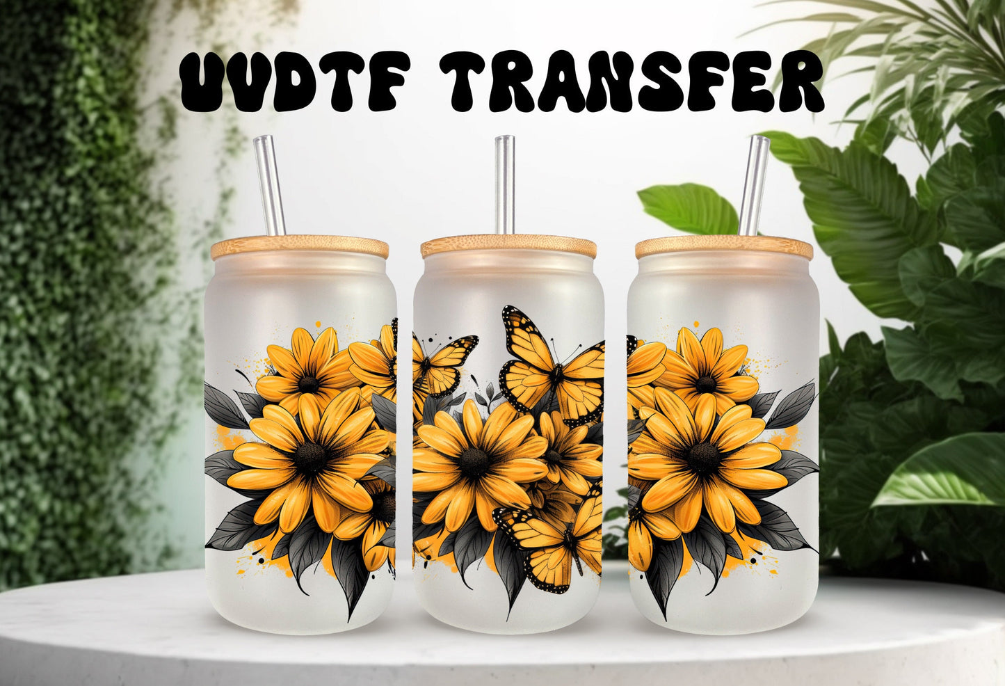 UVDTF Wrap Yellow Daisies Butterflies 16oz Can Glass Mug Tumbler Wrap, Ready to apply, Permanent Adhesive, Double sided option