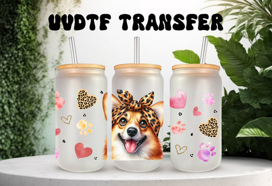 UVDTF Wrap Cute Corgi 16oz Can Glass Wrap, Mug Tumbler, Dog Mom, Ready to Apply, Permanent Waterproof Adhesive