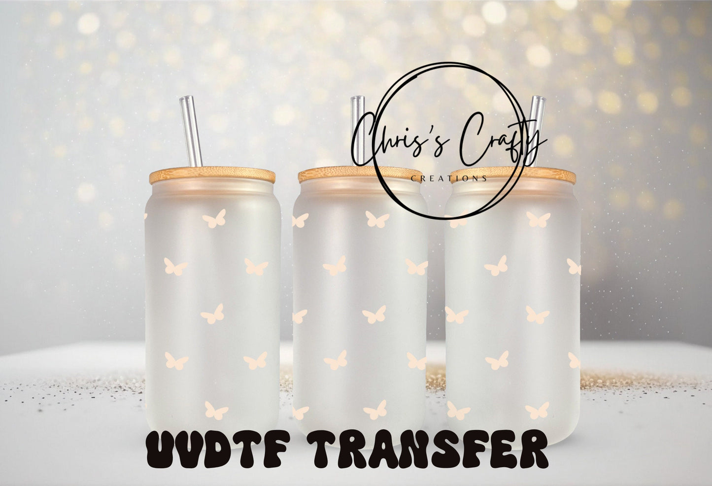 UVDTF Wrap Pastel Mini Butterfly 16 oz Can Glass Mug Tumbler, Ready to Apply, Permanent Waterproof Adhesive, Add on to can glass