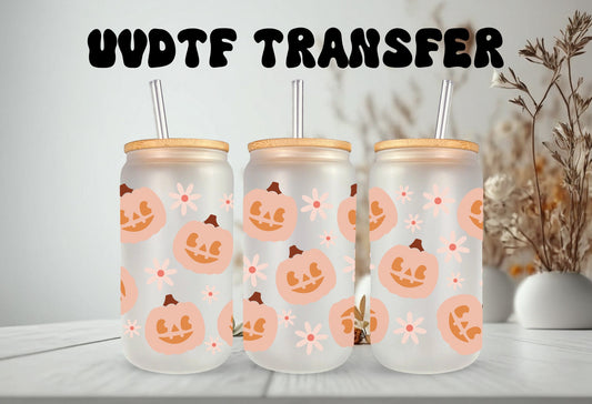 UVDTF Wrap Jack O’latnern Floral 16oz Can Glass, Mug, Tumbler, Ready to Apply, Permanent Waterproof Adhesive