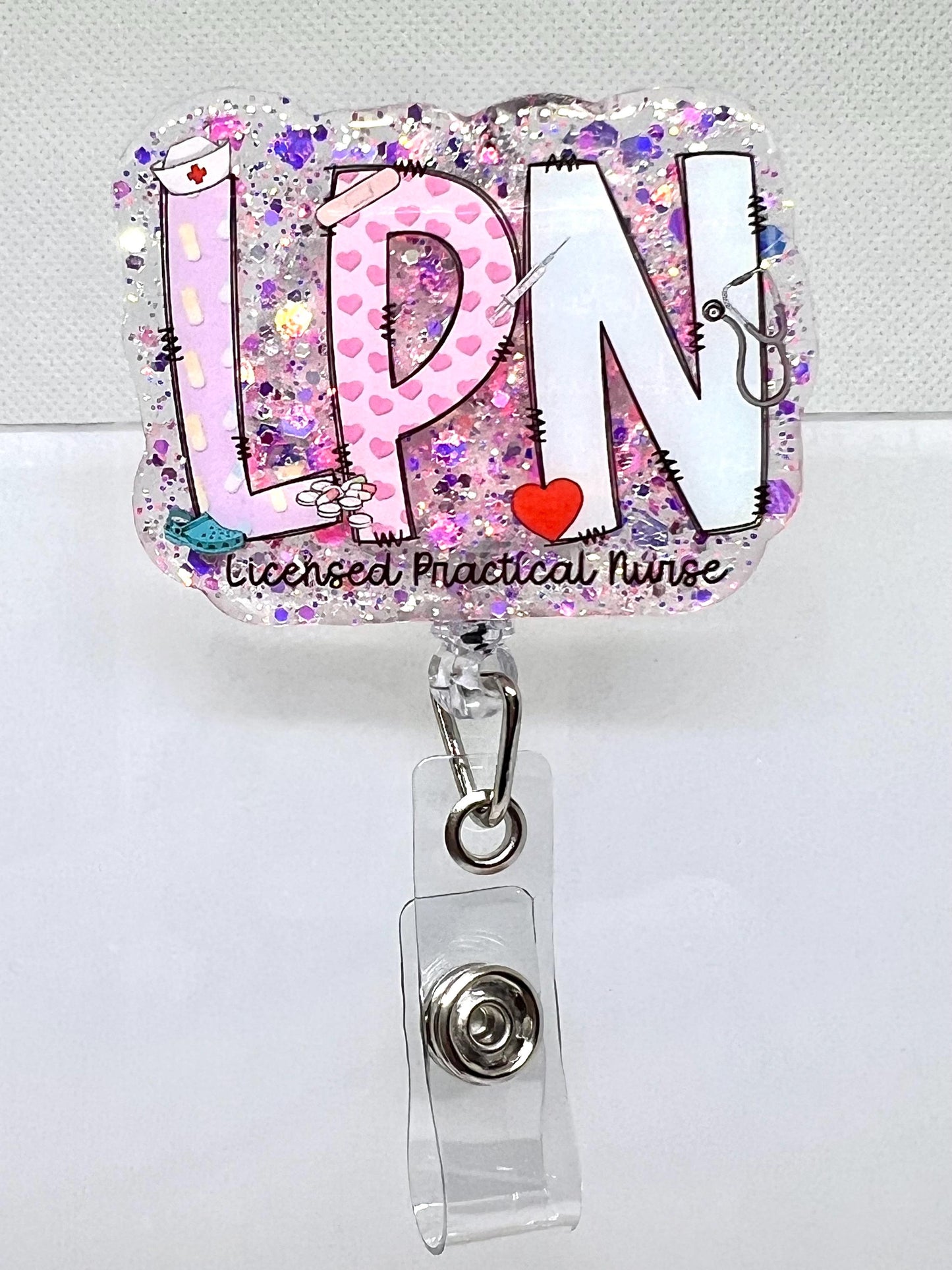 Glittery LPN Badge Reel – Pastel Badge, and Heart Design for Licensed Practical Nurses, Retractable ID Holder