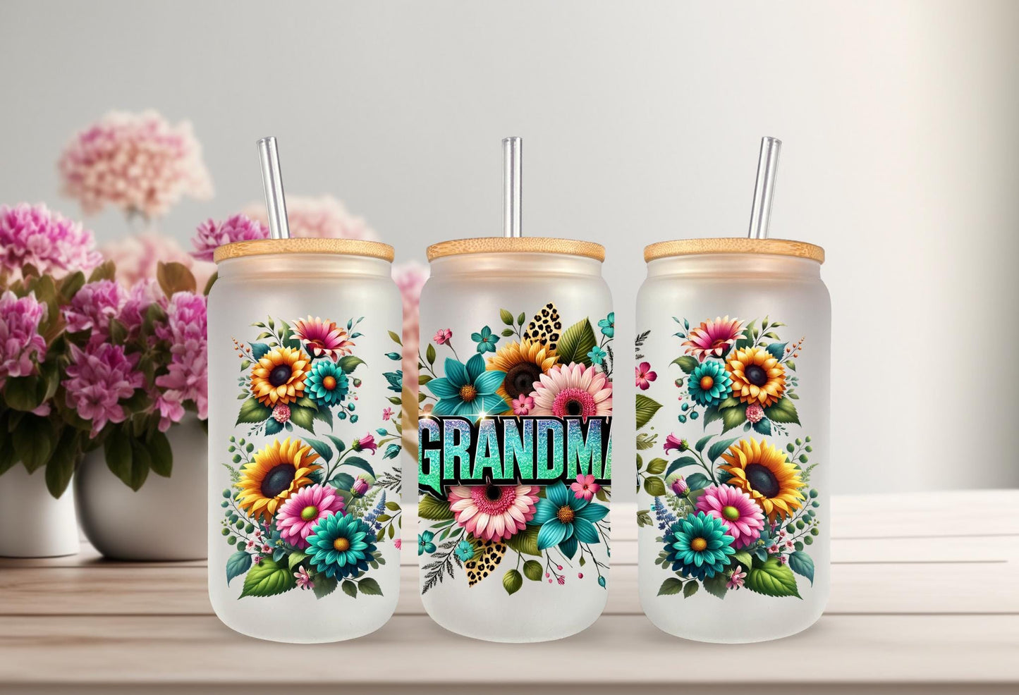 UVDTF Wrap Floral Grandma for 16oz Can Glass Mug Tumbler, Grandmother Wrap, Ready to Apply, Permanent Waterproof Adhesive
