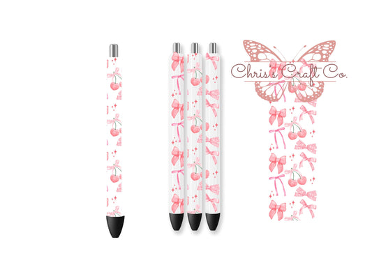 UVDTF Pen Cherries Coquette Bow, Fruit Wrap, Ink Joy Pen, Glitter Metal Pen, Ready to Apply, Permanent Waterproof Adhesive