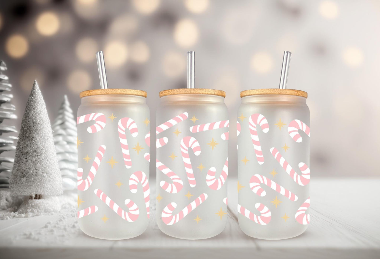 UVDTF Wrap Pink Candy Canes for 16oz Can Glass, Mug, Tumbler, Ready to apply, Waterproof Permanent Adhesive