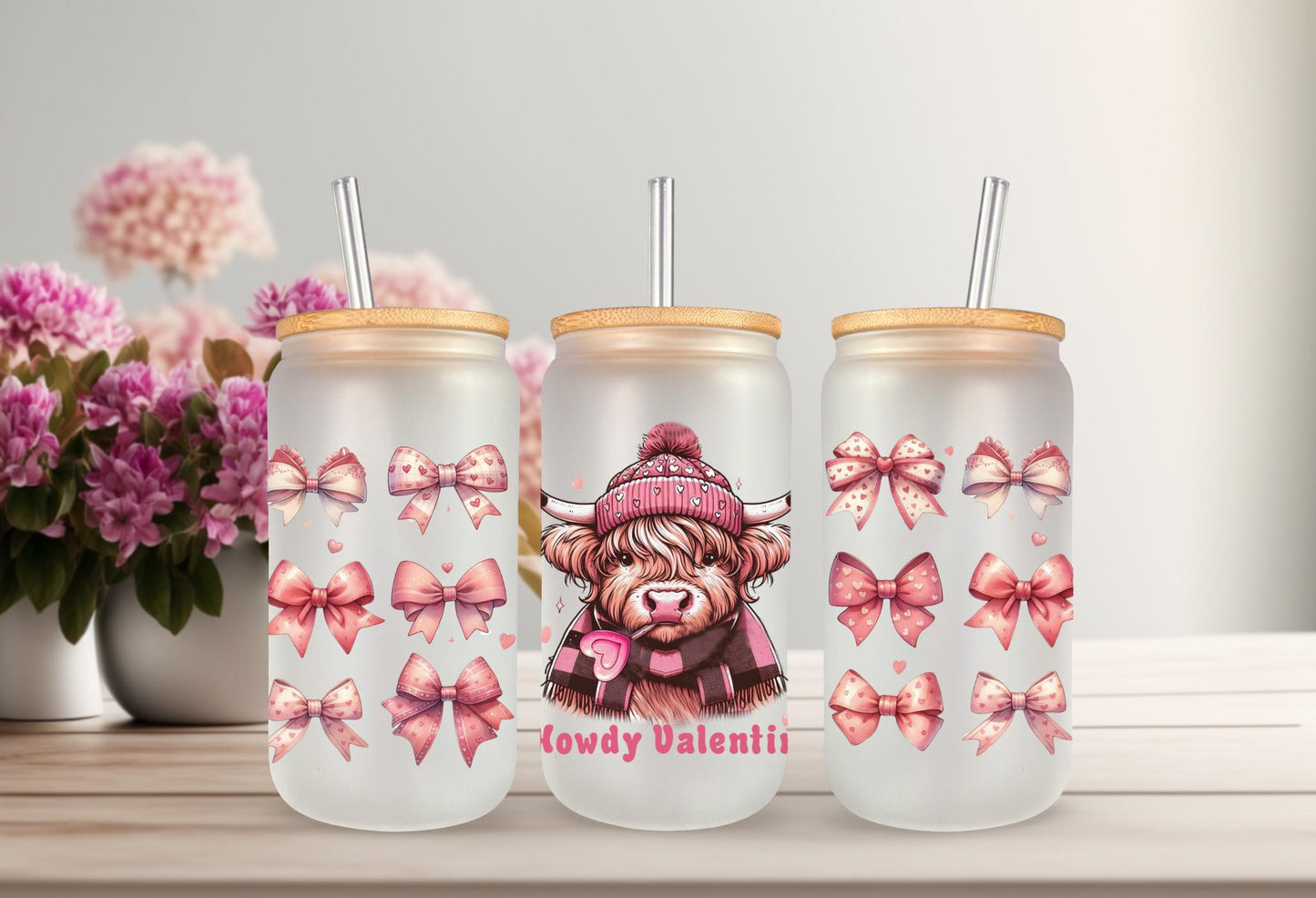 UVDTF Wrap Highland Cow Valentine Howdy 16oz Can Glass Mug Tumbler, Ready to Apply, Permanent Waterproof Adhesive