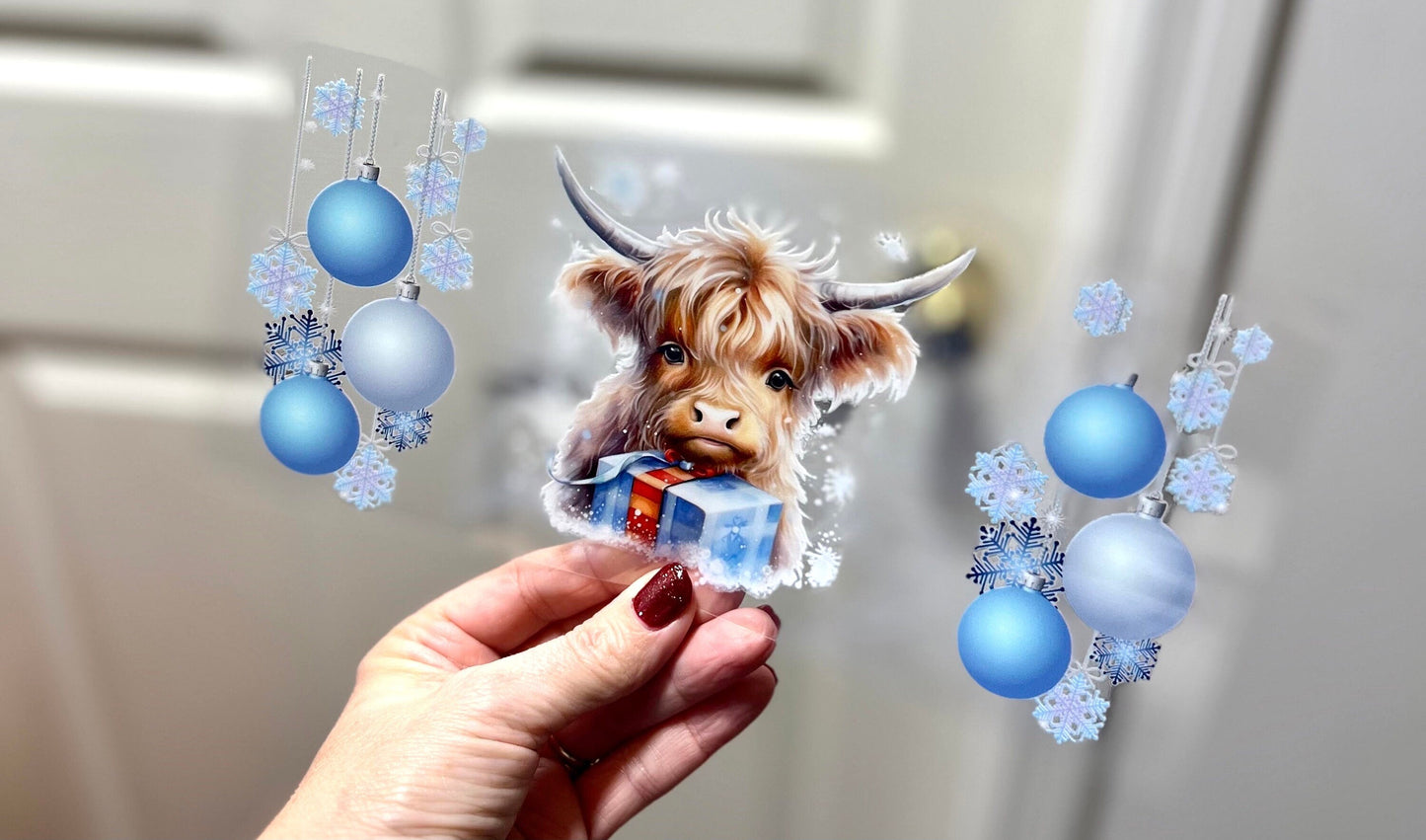 UVDTF Wrap Highland Cow Blue Ornaments for 16oz Can Glass, Mug, Tumbler, Ready to Apply, Permanent Waterproof Adhesive