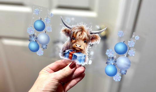 UVDTF Wrap Highland Cow Blue Ornaments for 16oz Can Glass, Mug, Tumbler, Ready to Apply, Permanent Waterproof Adhesive