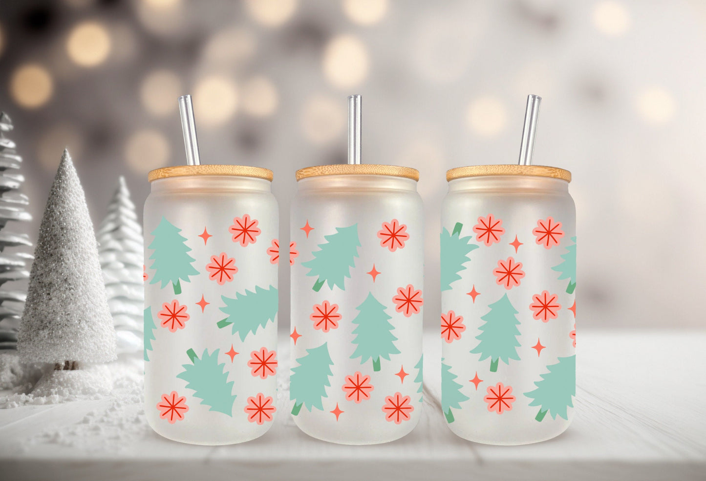 UVDTF Wrap Christmas Tree Snowflakes for 16oz Can Glass Mug Tumbler, Ready to apply, Waterproof Permanent Adhesive