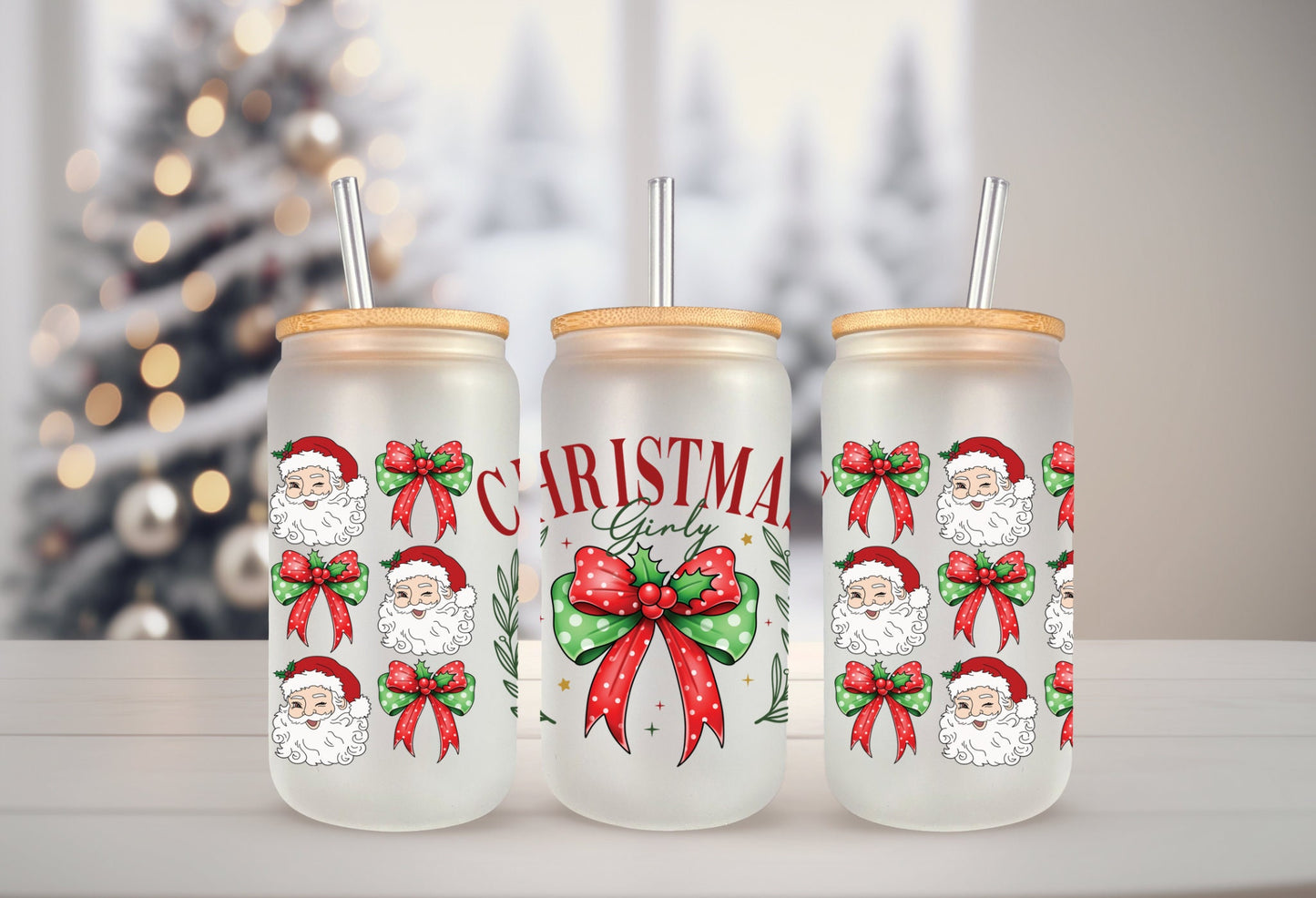 UVDTF Wrap Christmas Girly Coquettes Bows 16oz Can Glass Mug Tumbler, Ready to apply, Exclusive Design, Permanent Waterproof Adhesive