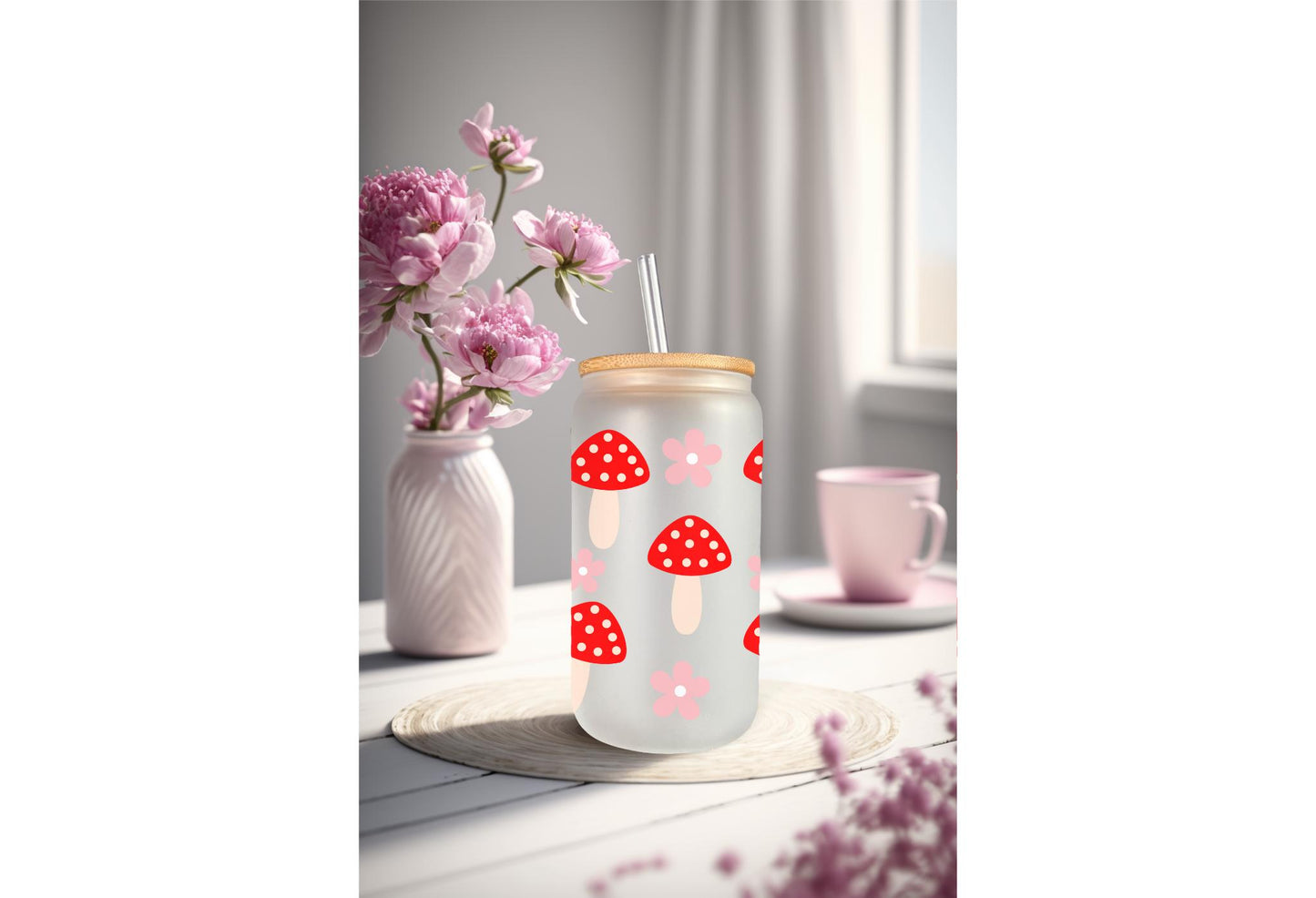 UVDTF Wrap Red Mushrooms Floral 16oz Can Glass Mug Tumbler, Mushroom Floral Wrap, Ready to apply, Permanent Waterproof Adhesive
