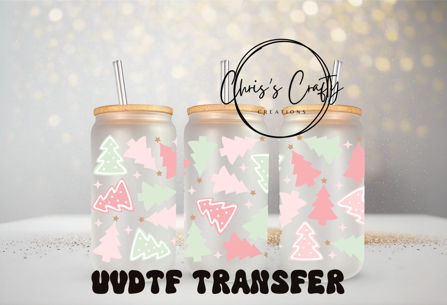 UVDTF WRAPS Pastel Pink Christmas Wrap Bundle Set of 4 for 16oz Can Glass Mug Tumbler, Ready to Apply, Permanent Waterproof Adhesive