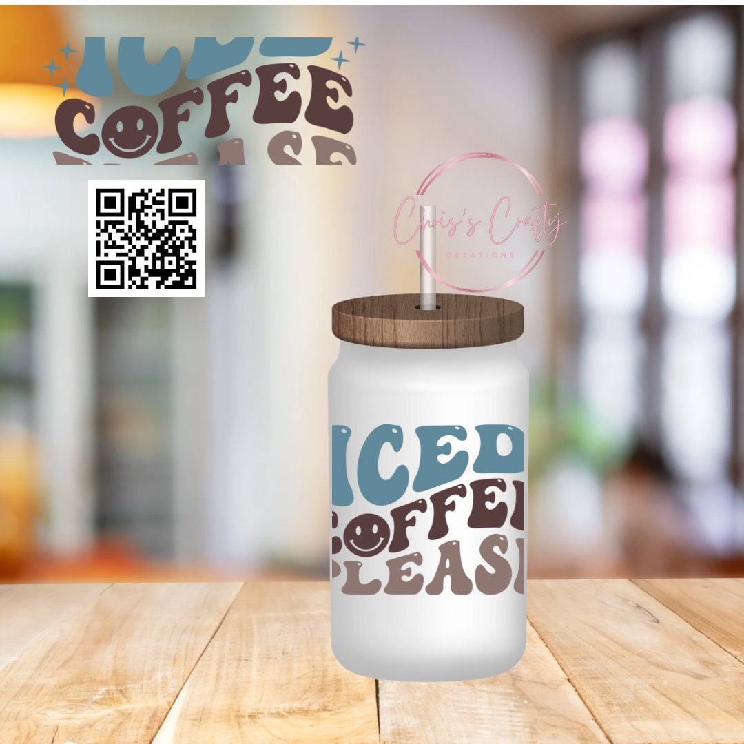 UVDTF Wrap Wavy Iced Coffee 16oz Can Glass Mug Tumbler,  Ready to apply, Permanent Waterproof Adhesive