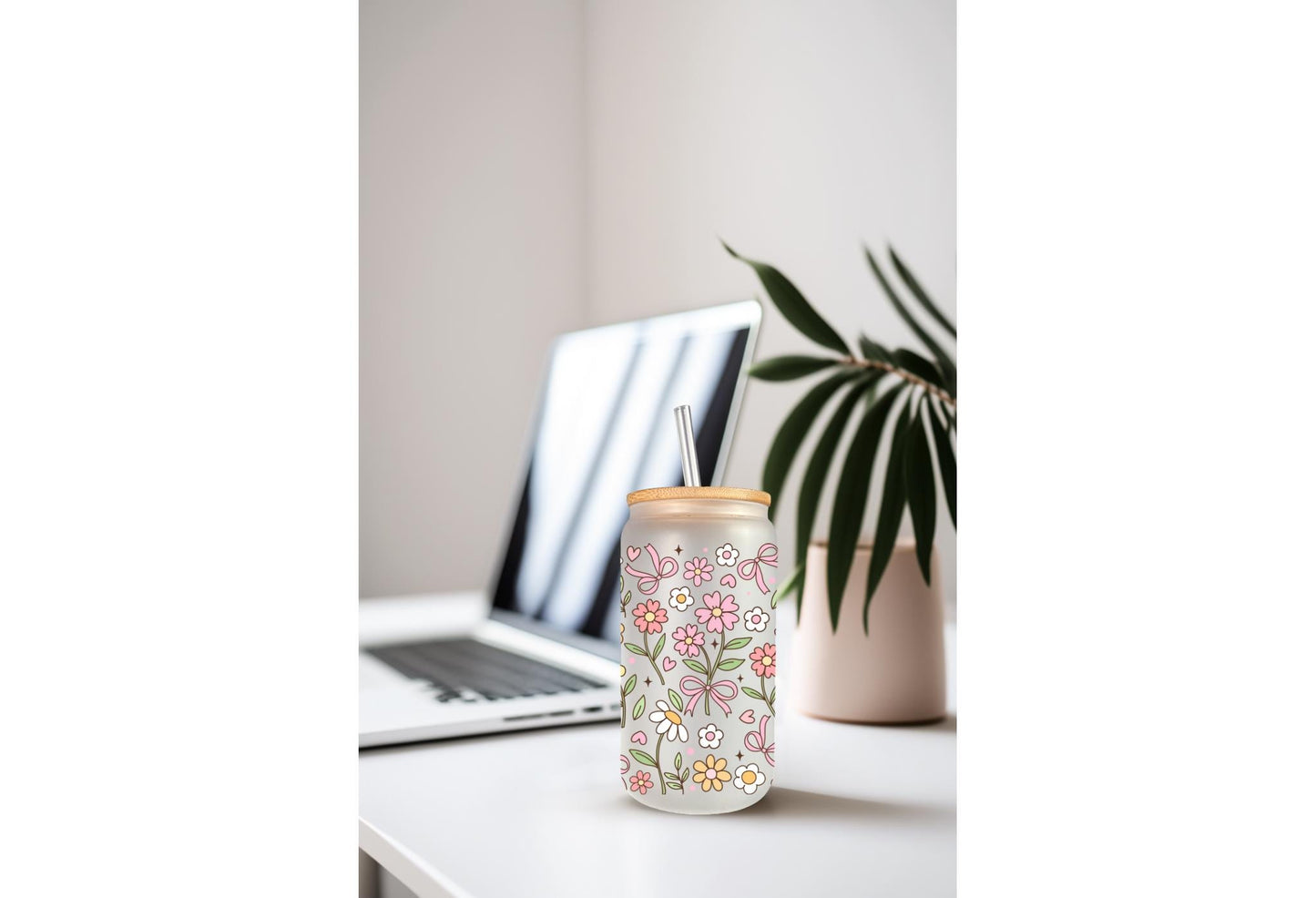 UVDTF Wrap Spring Daisy Bow 16oz Can Glass Mug Tumbler, Spring Flower Wrap, Ready to apply, Permanent Waterproof Adhesive