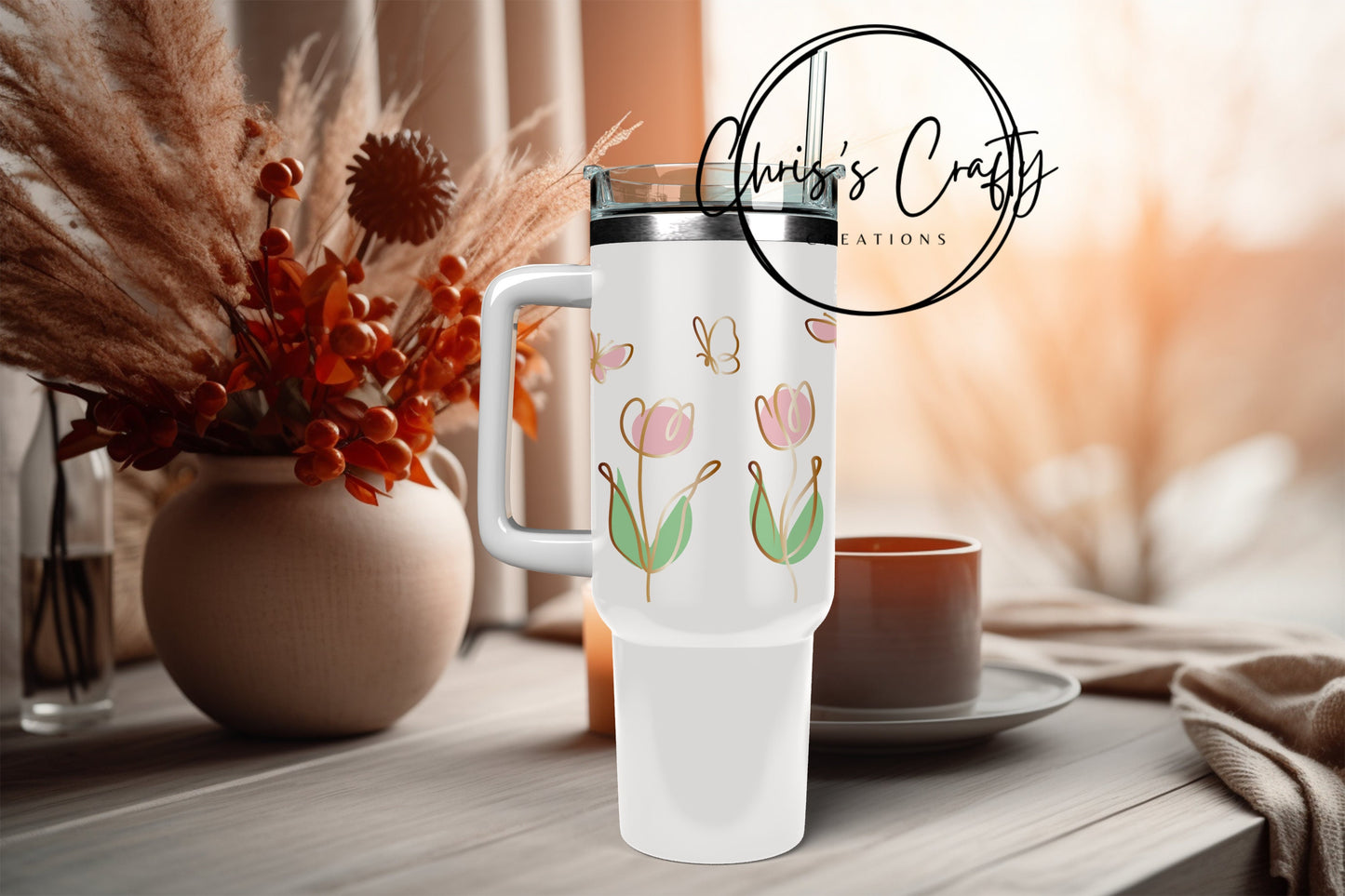 Glass Mug Wrap | Tulip Butterfly Design 16 oz Can Tumbler - Waterproof Adhesive