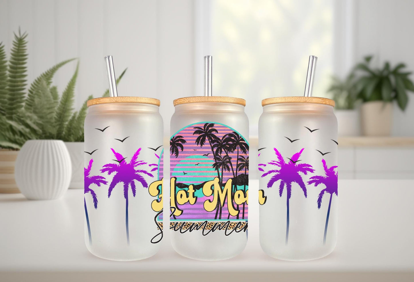UVDTF Wrap Hot Mom Summer Palms for 16oz Can Glass Mug Tumbler, Ready to apply, Permanent waterproof adhesive