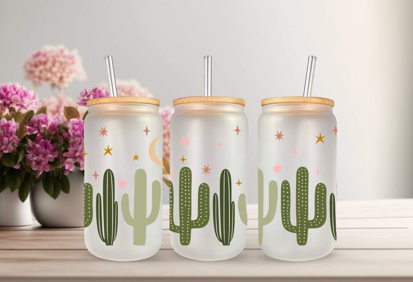 UVDTF Wrap Boho Dusk Cacti Cactus 16oz Can Glass, Mug, Tmbler, Cactus Wrap, Ready to apply, Permanent Adhesive Waterproof, Add on a Cup