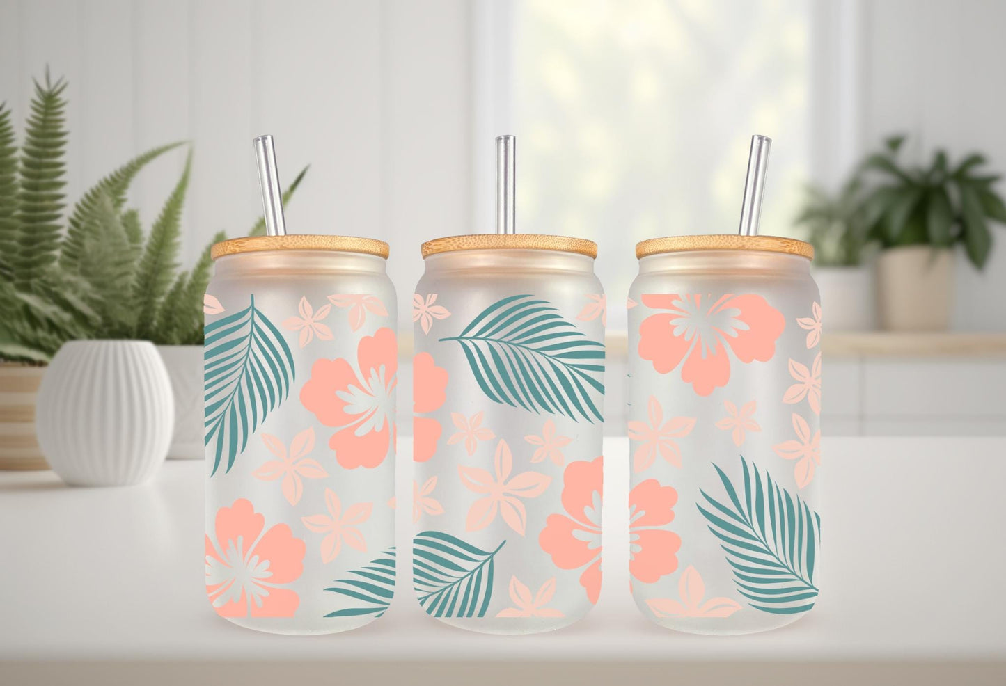 UVDTF Wrap Hibiscus Tropical Flower 16oz Can Glass Mug Tumbler, Ready to Apply, Permanent Waterproof Adhesive