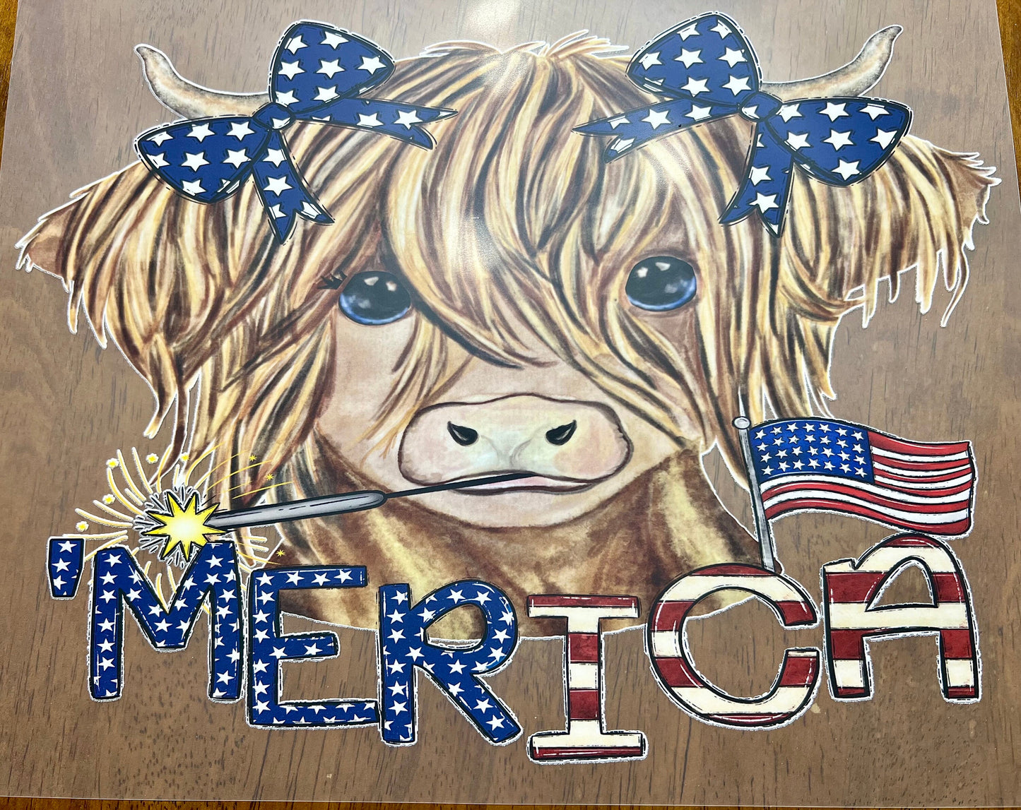 READY to press Transfer Highland Cow America Screen Print Transfer | Full Color Matte Clear Transfer