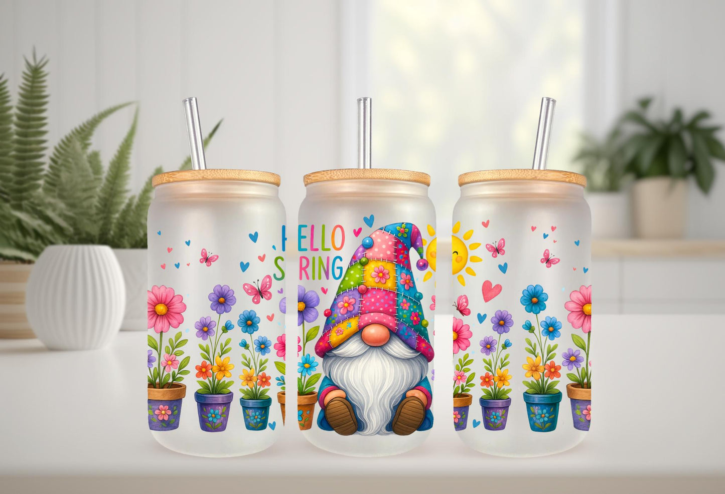 UVDTF Wrap Gnome Hello Spring 16oz Can Glass Mug Tumbler Wrap, Gnome Wrap, Ready to apply, Permanent Waterproof Adhesive
