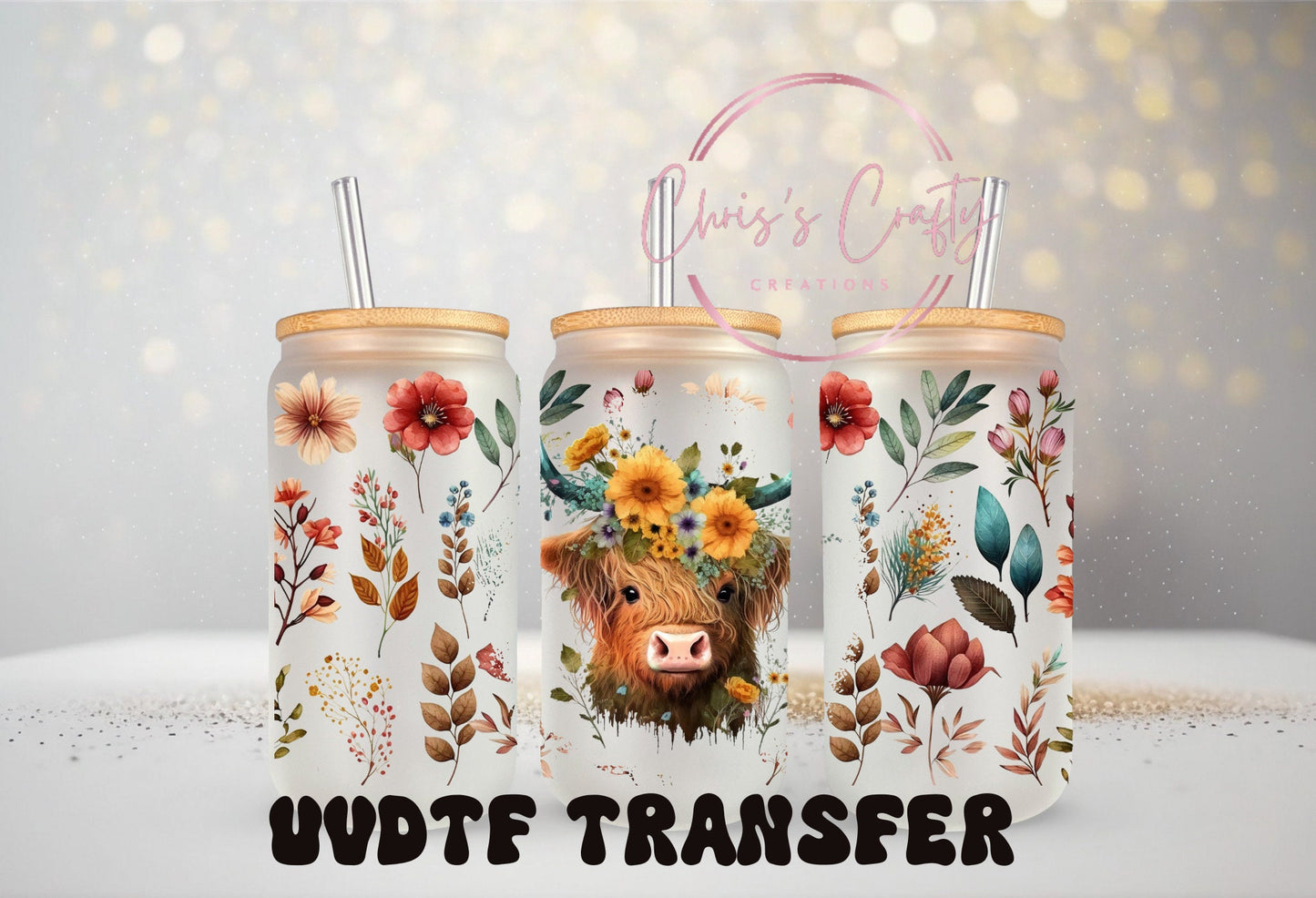 UVDTF Wrap Highland Cow Flowers Burgundy 16oz Can Glass Mug Tumbler, Cow Wrap, Ready to apply, Permanent Waterproof Adhesive