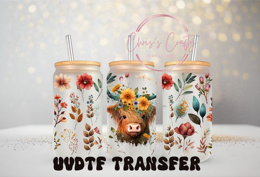 UVDTF Wrap Highland Cow Flowers Burgundy 16oz Can Glass Mug Tumbler, Cow Wrap, Ready to apply, Permanent Waterproof Adhesive