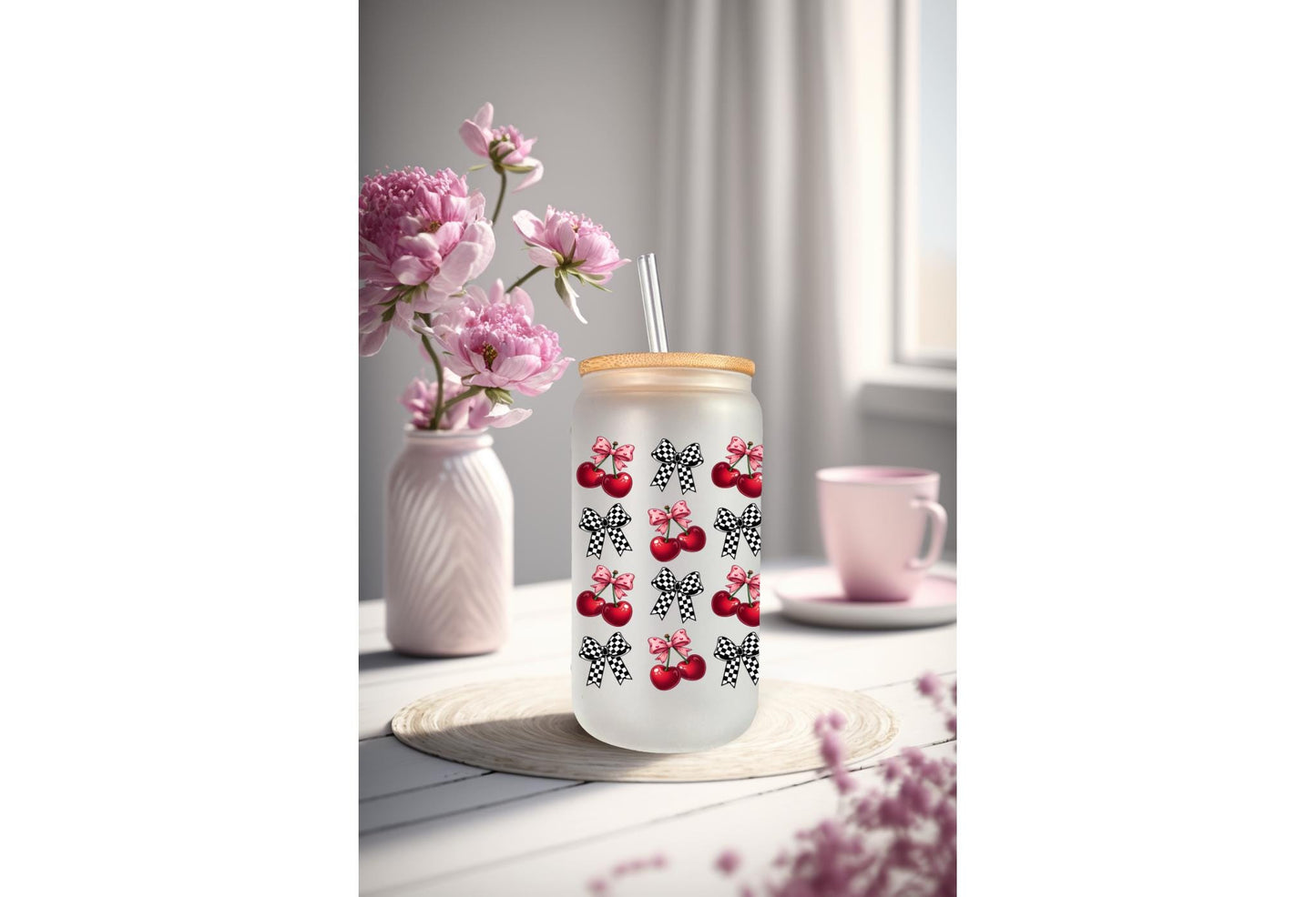 UVDTF Wrap Cherry Checkered Bows 16oz Can Glass Mug Tumbler Wrap, Geese Wrap, Ready to apply, Permanent Adhesive, Double sided option