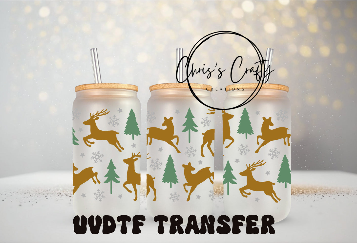 UVDTF WRAP Christmas Trees Winter Reindeer for 16oz Can Glass Mug Tumbler, Ready to Apply, Permanent Waterproof Adhesive