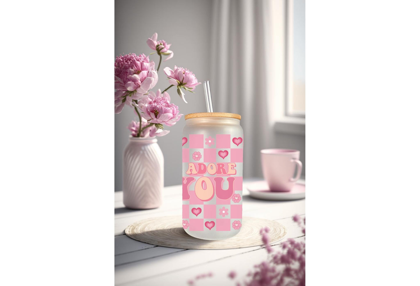 UVDTF Wrap Heart Valentine’s Floral Adore You 16oz Can Glass Mug Tumbler, Ready to Apply, Permanent Waterproof Adhesive