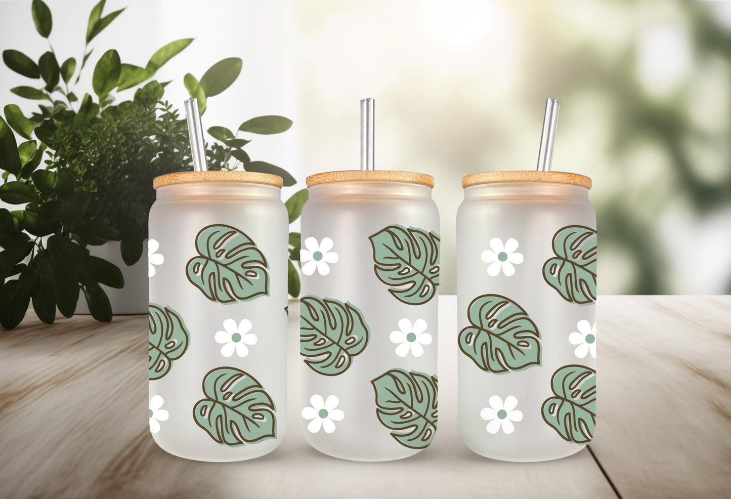 UVDTF Wrap Monstera Daisy Plants for 16oz Can Glass Mug Tumbler,  Plant Daisy Wrap, Ready to Apply, Permanent Waterproof Adhesive