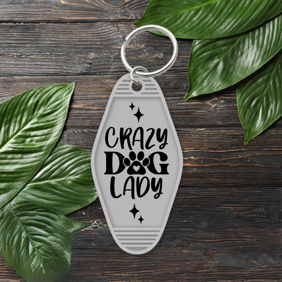 UVDTF Keychain Crazy Dog Lady  Decal, Motel Keychain Ready to Apply, UVDTF Motel Keychain Decal,  1 Only/Set of 5 Keychain Decals