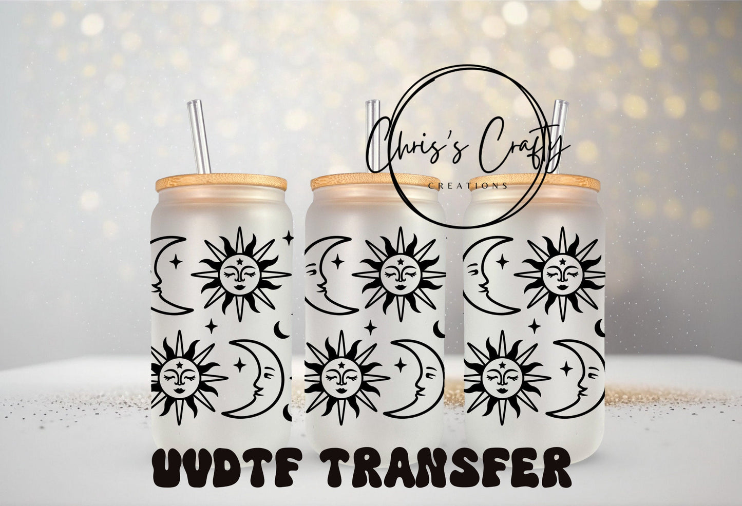 Glass Mug Wrap - Celestial Moon Star Design 16oz Can Tumbler with Waterproof Adhesive