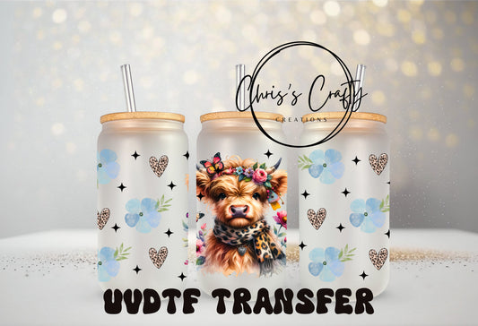 UVDTF Wrap Floral Highland Cow Leopard for 16 oz Can Glass Mug Tumbler, Ready to appl, Permanent Waterproof Adhesive