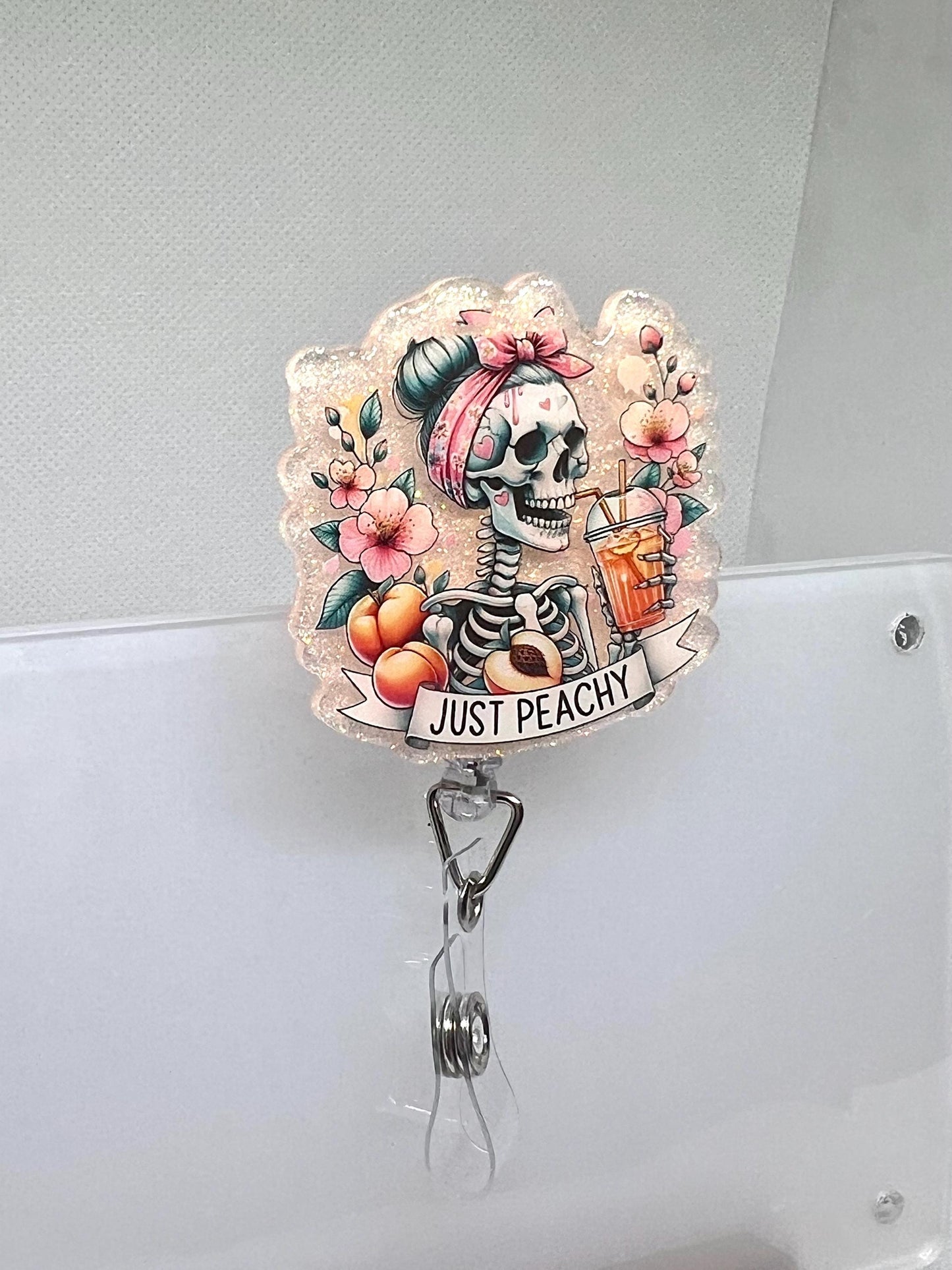Just Peachy Badge Reel – Glittery Skeleton with Peaches and Flowers, Fun Retractable ID Holder