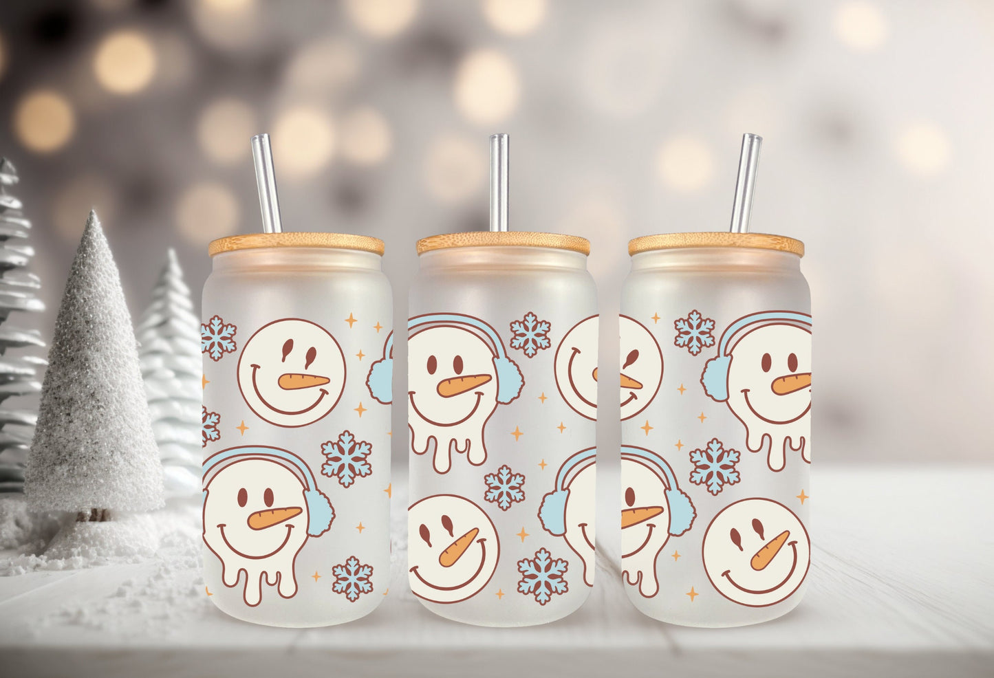 UVDTF Wrap Cute Snowman Winter 16oz Can Glass, Mug, Tumbler, Ready to Apply, Waterproof Permanent Adhesive