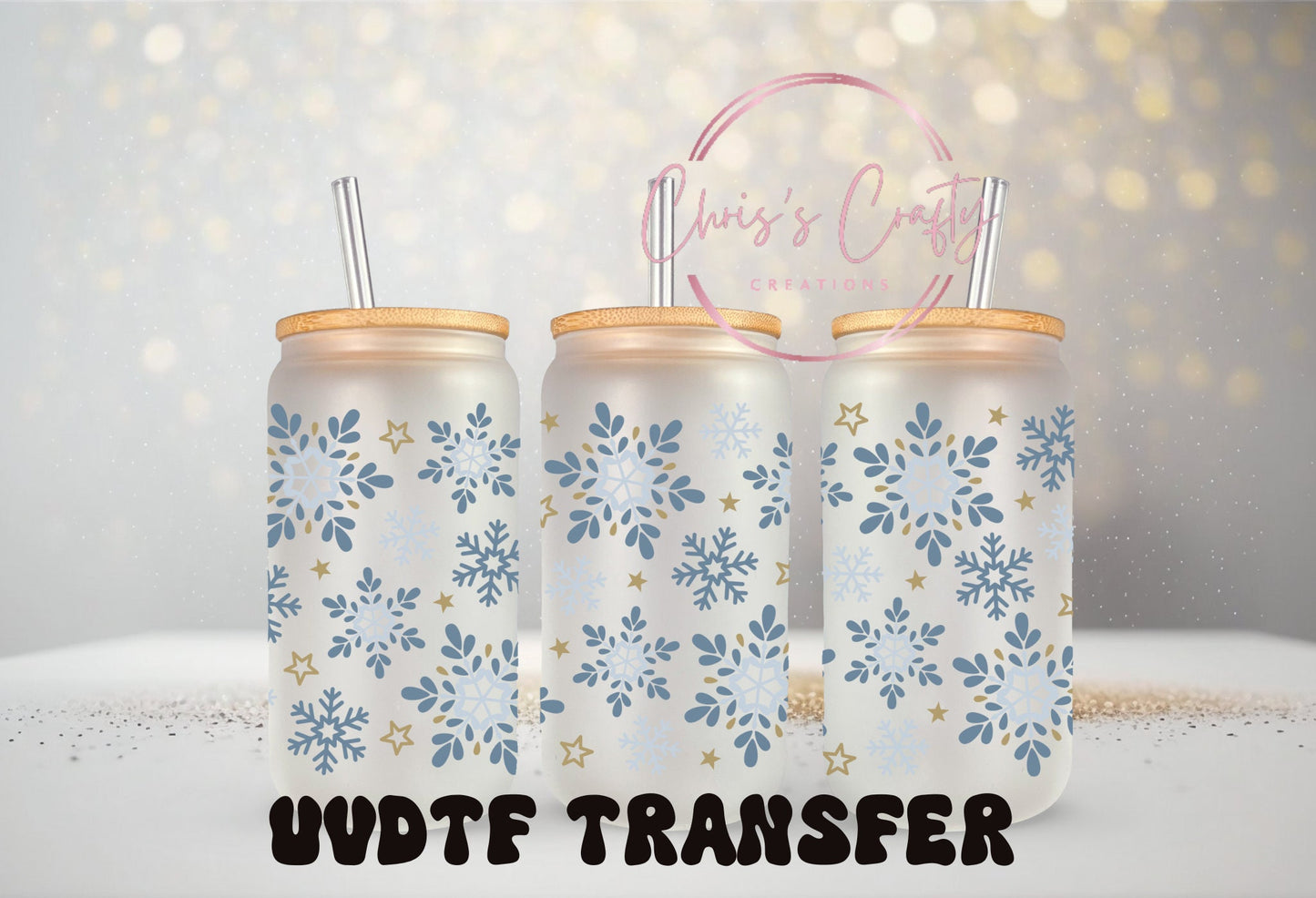 UVDTF Wrap Winter Snowflakes Blue for 16oz Can Glass, Mug, or Tumbler, Ready to Apply, Permanent Waterproof Adhesive