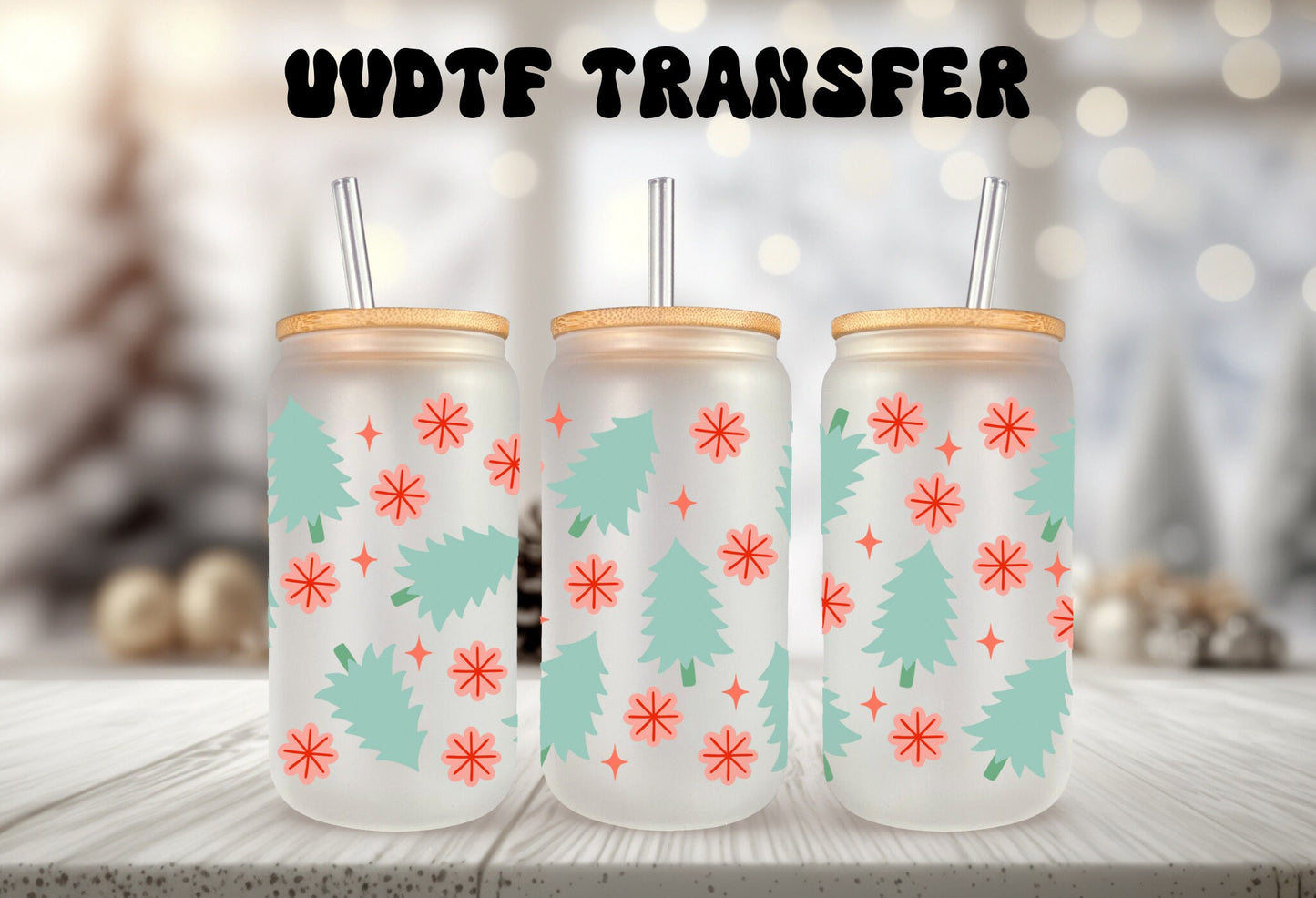 UVDTF Wrap Christmas Tree Snowflakes for 16oz Can Glass Mug Tumbler, Ready to apply, Waterproof Permanent Adhesive