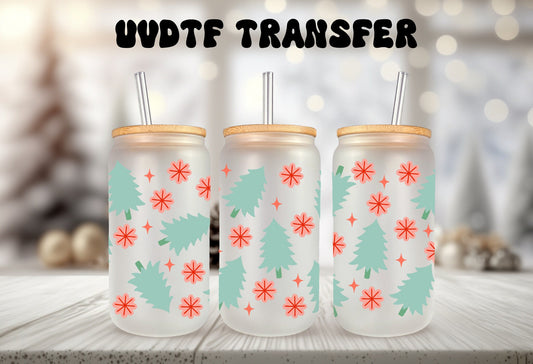 UVDTF Wrap Christmas Tree Snowflakes for 16oz Can Glass Mug Tumbler, Ready to apply, Waterproof Permanent Adhesive