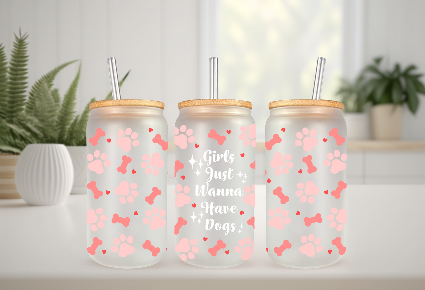 UVDTF Wrap Dogs Girls Just Wanna for 16oz Can Glass Mug Tumbler, Ready to apply, Permanent Waterproof Adhesive, Dog Mom Gift