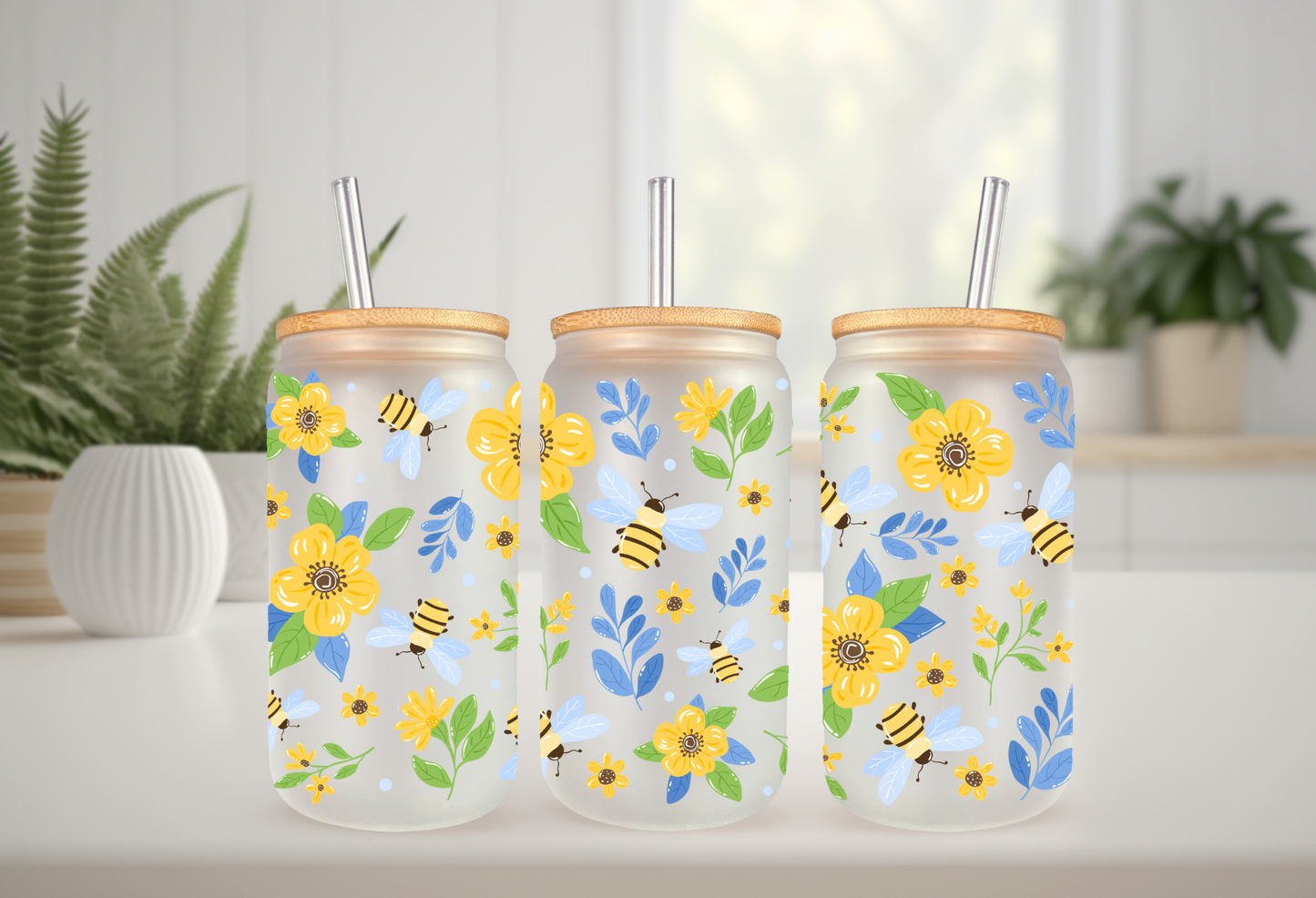 UVDTF Wrap Bees Flowers Floral Wrap for 16oz Can Glass Mug Tumbler, Ready to apply, Permanent Waterproof Adhesive