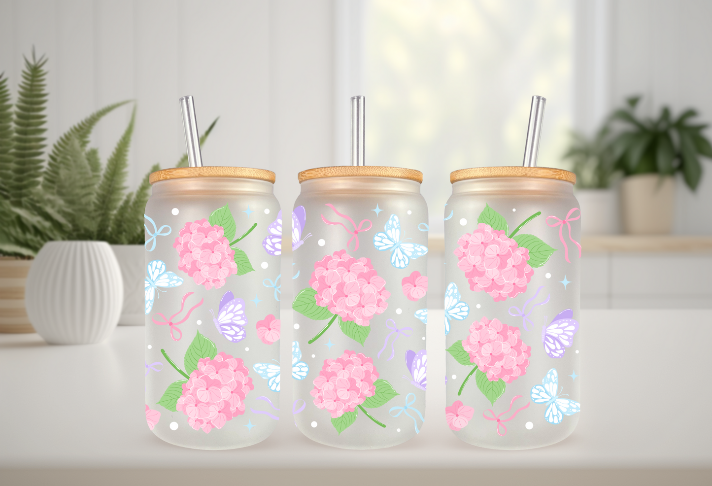 UVDTF Wrap Pink Hydrangea Butterfly 16oz Can Glass Mug Tumbler, Ready to apply, Permanent Waterproof Adhesive
