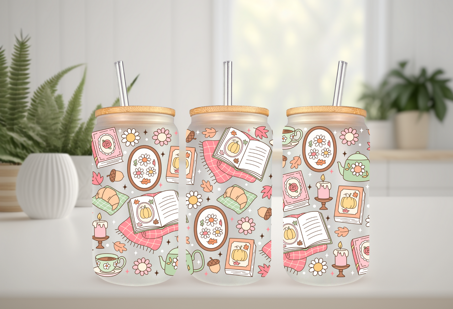 UVDTF Wrap Autumn Bookish 16oz Can Glass Mug Tumbler Wrap, Ready to apply, Permanent Waterproof Adhesive, Double sided option