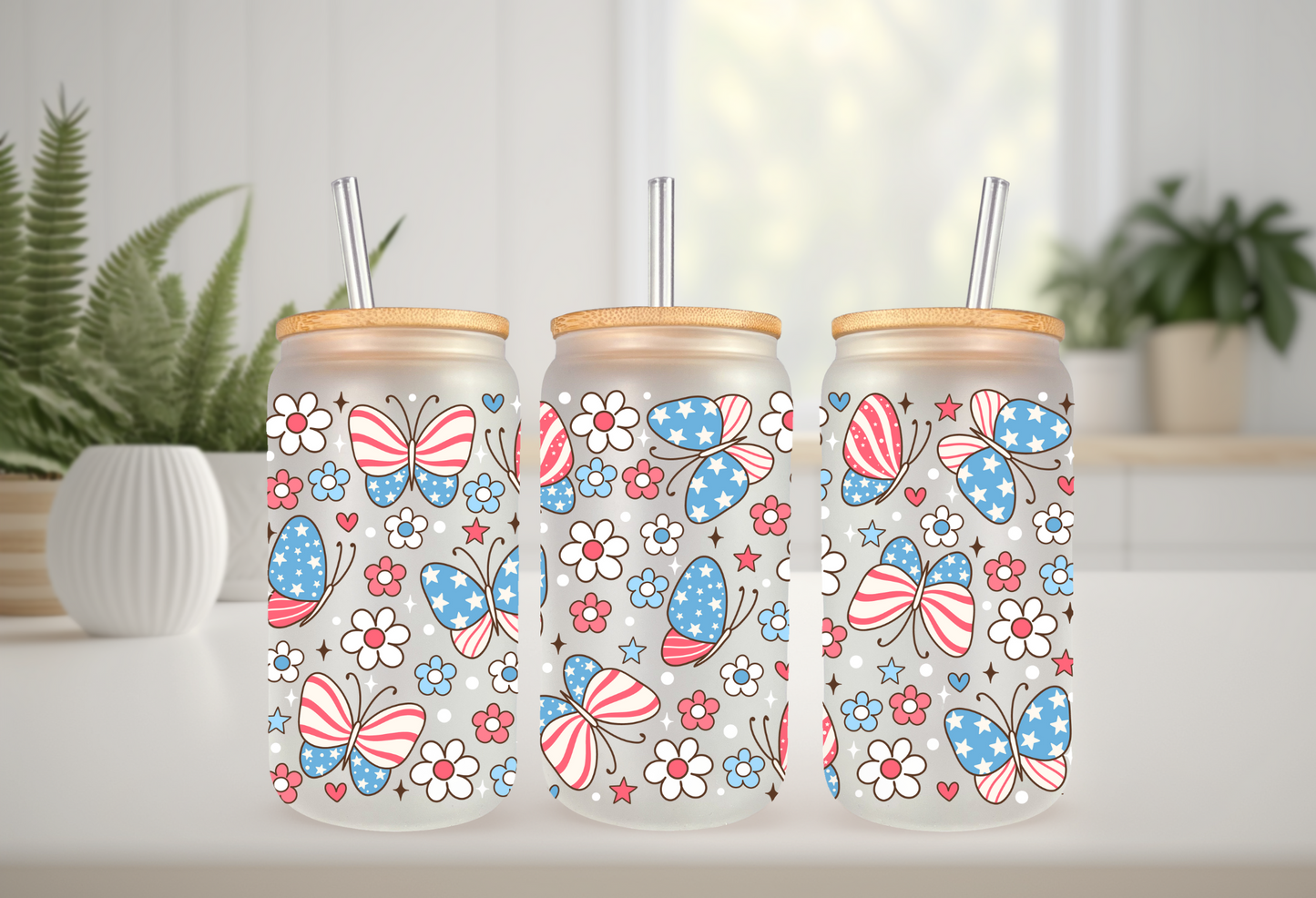 UVDTF Wrap Patriotic Butterfly 16oz Can Glass Mug Tumbler, Ready to apply, Permanent Waterproof Adhesive