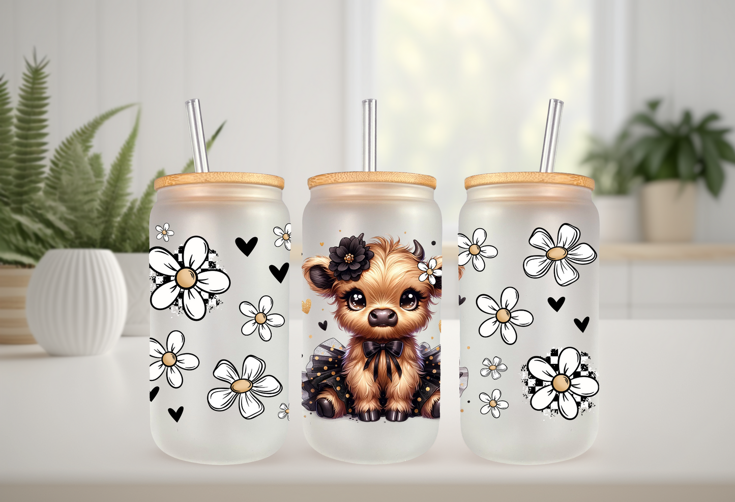 UVDTF Wrap Highland Cow Black Tutu Daisy 16oz Can Glass Mug Tumbler Wrap, Ready to apply, Permanent Adhesive