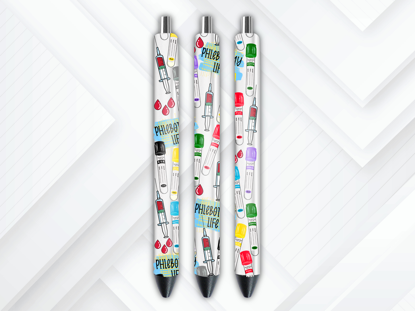 UVDTF pen wraps featuring colorful medical syringes, blood collection tubes, red blood drops, and the text PHLEBOTOMY LIFE on a clear background
