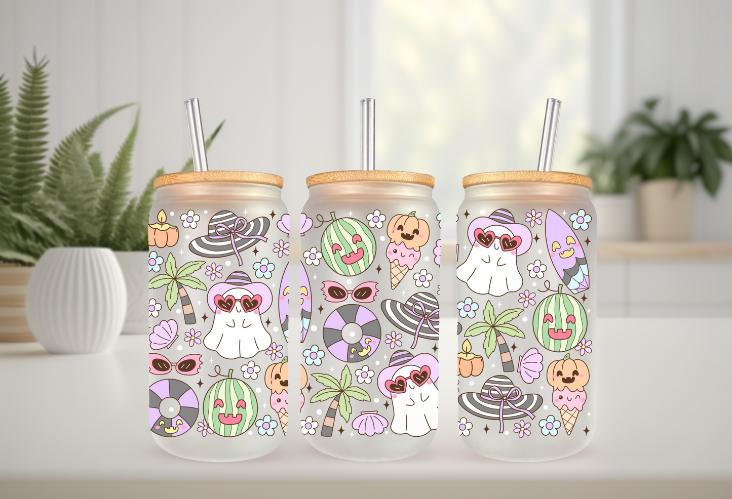 UVDTF Wrap Spooky Ghost Summer for 16oz Can Glass Mug Tumbler, Ready to apply, Permanent Waterproof Adhesive (Copy)