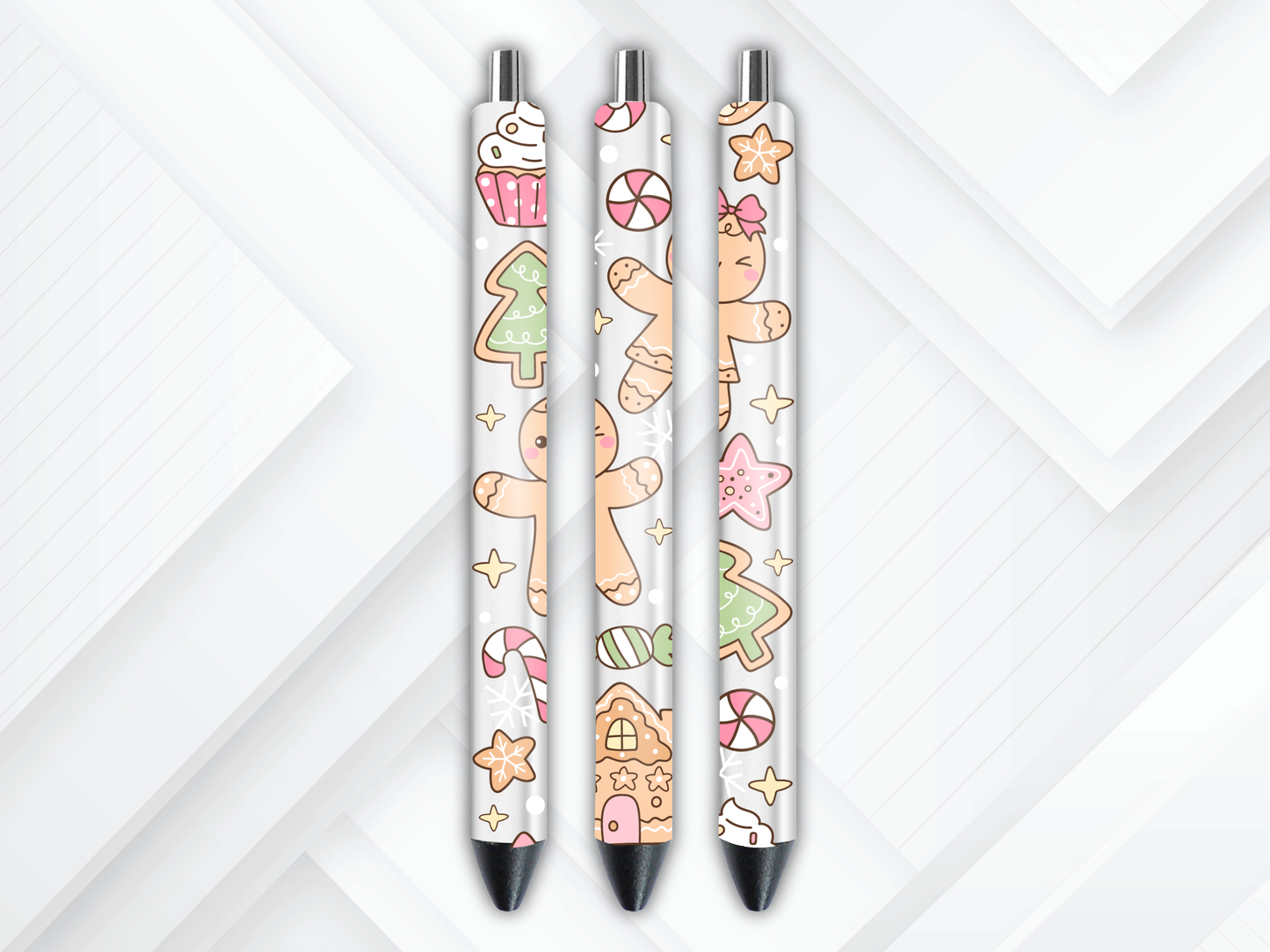 UV DTF pen wrap featuring gingerbread theme, sized for standard pens with peel-and-stick application.