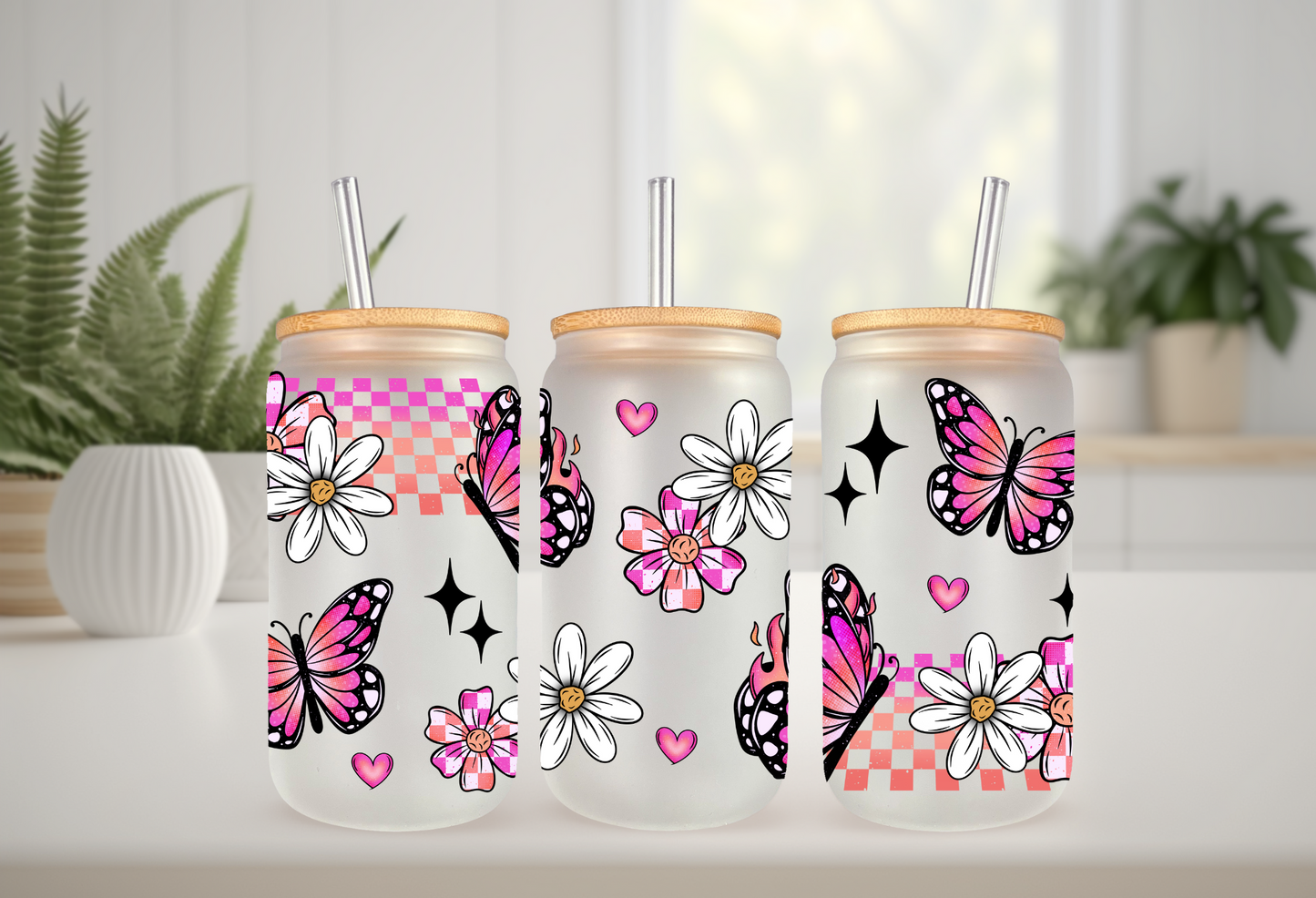 UVDTF Wrap Butterfly Daisy Checker for 16oz Can Glass Mug Tumbler, Butterfly Wrap, Ready to apply, Permanent Waterproof Adhesive