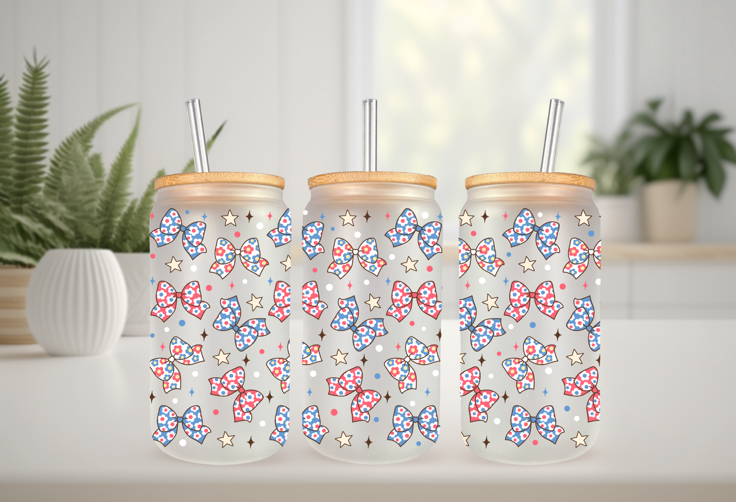 UVDTF Wrap Patriotic Bows 16oz Can Glass Mug Tumbler, Ready to apply, Permanent Waterproof Adhesive
