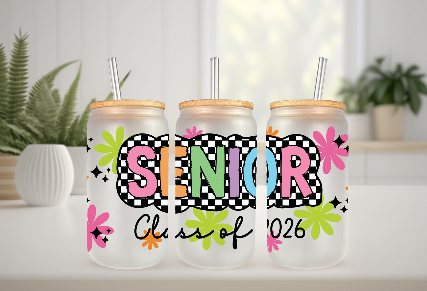UVDTF Wrap Senior 2026 Checkered for 16oz Can Glass Mug Tumbler, Ready to Apply, Permanent Adhesive, Exclusive